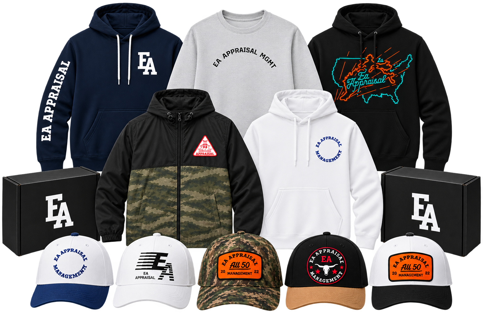 EA Appraisal gear lineup — hoodies, jackets, caps and branded boxes